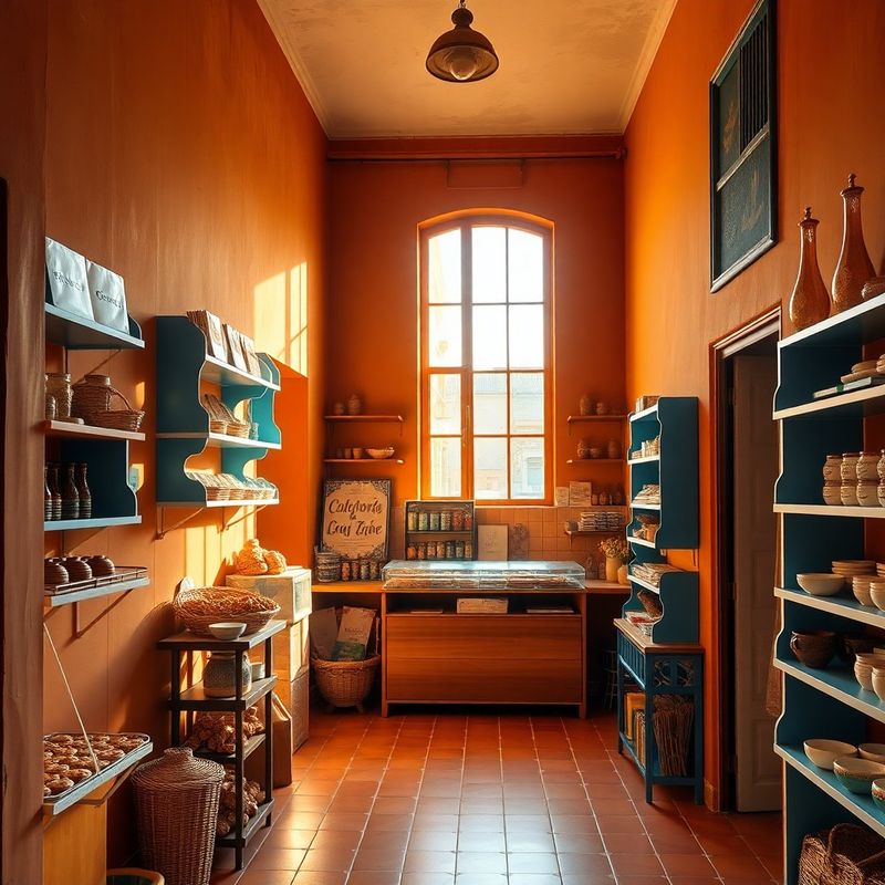 Interior cálido de la tienda familiar sevillana con estanterías azules y luz natural