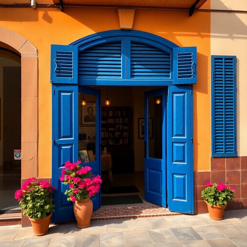 Fachada tradicional de Triana en Calle San Jacinto con puerta azul y macetas de geranios
