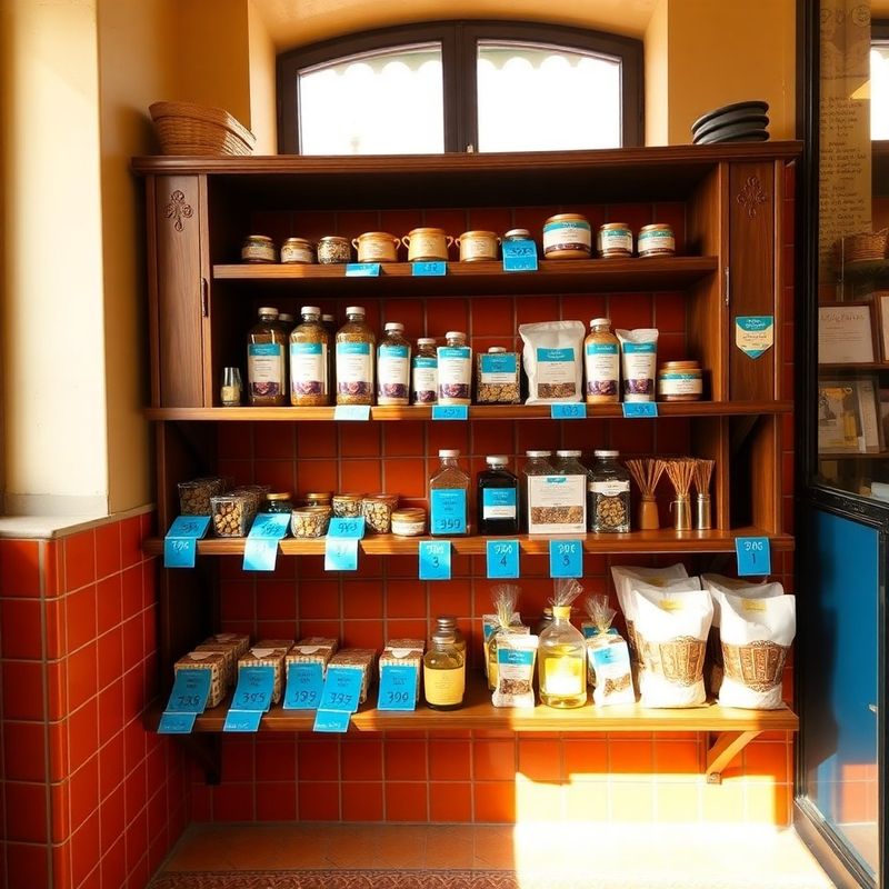 Estantería de una tienda tradicional sevillana con productos ordenados y etiquetas azules
