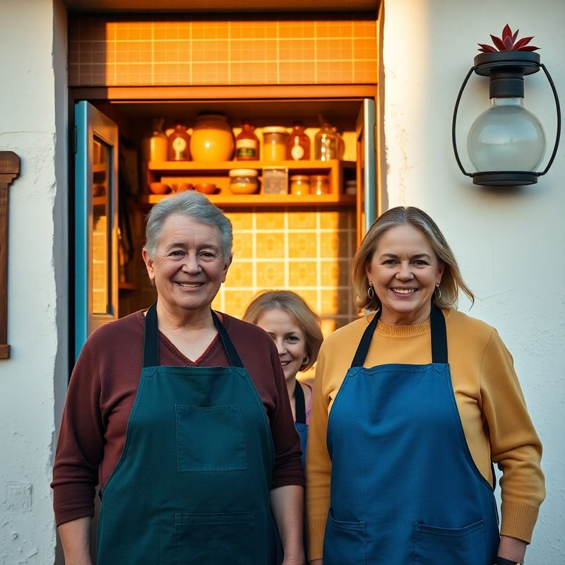Retrato natural de la familia López frente a su tienda tradicional sevillana con delantales azules